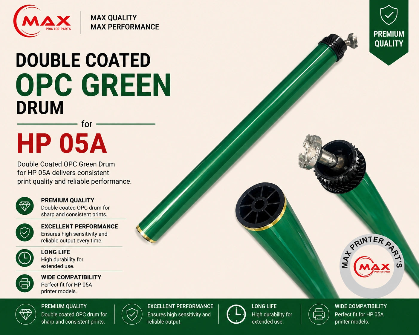 Double Coated Green OPC Drum for HP 05A / 80A & Canon CRG-329 / CRG-319 Toner Cartridge – New Import
