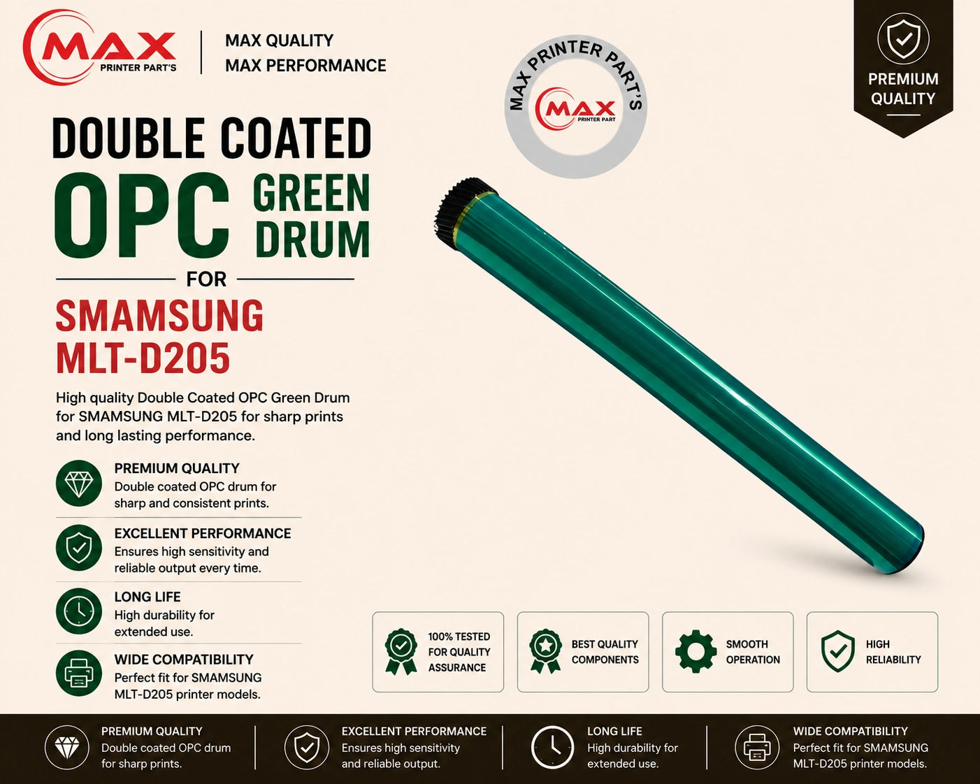 Double Coated OPC Green Drum for Samsung MLT-D205 / MLT-116L / TN-181 (New Import)