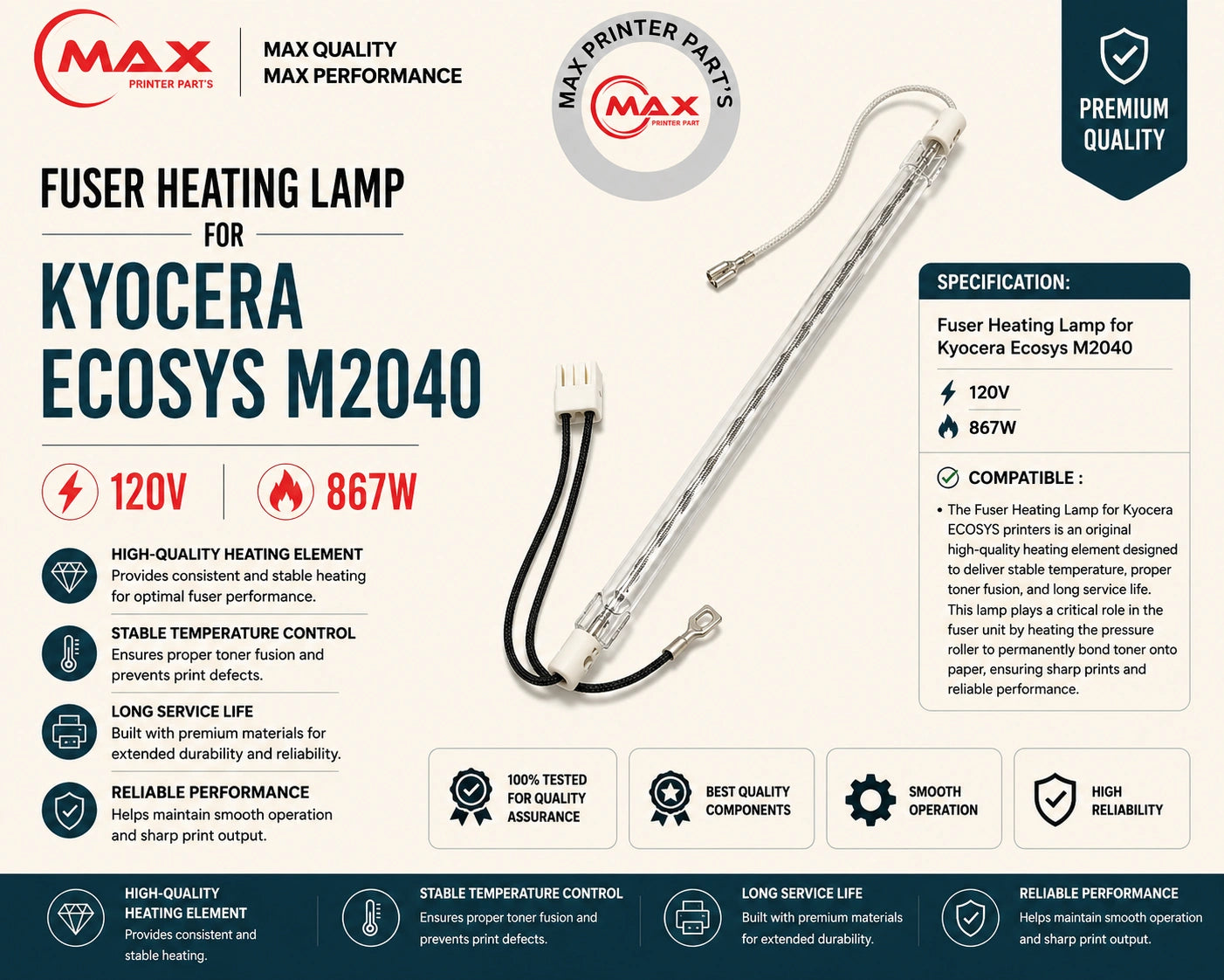 Fuser Heating Lamp for Kyocera ECOSYS M2040 / M2540 / M2640 – 120V 867W (New Import)