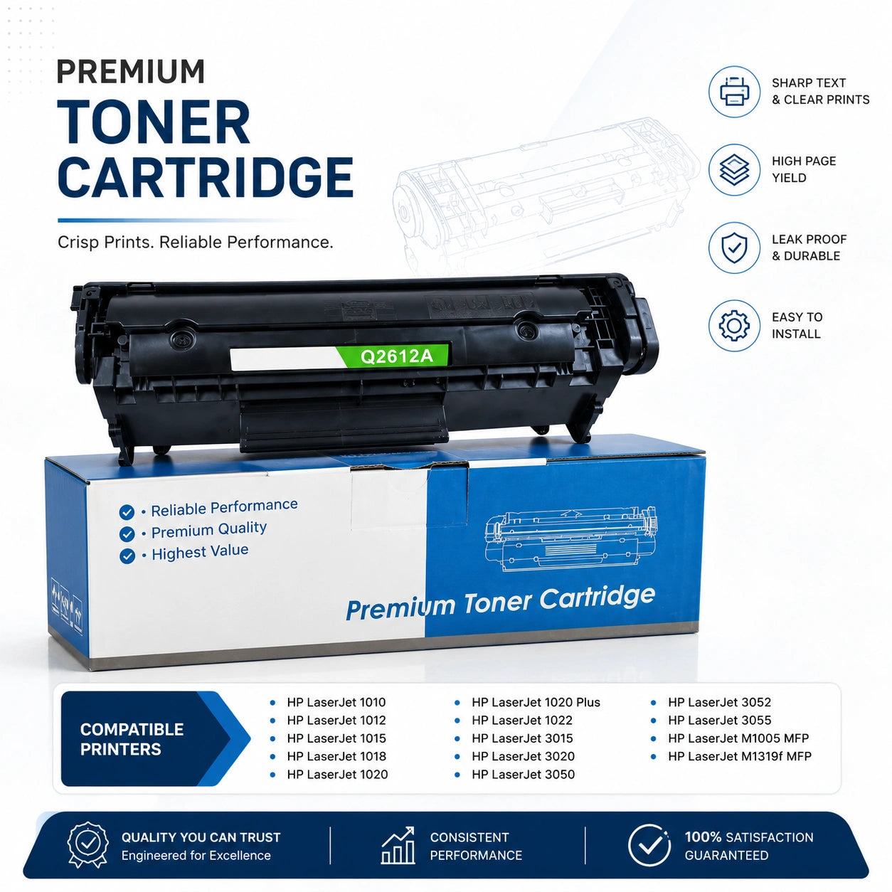 HP toner cartridge package and the cartridge itself on a white background with marketing text and compatibility lists. The cartridge is black with a green label reading Q2612A, and the box is blue and white.