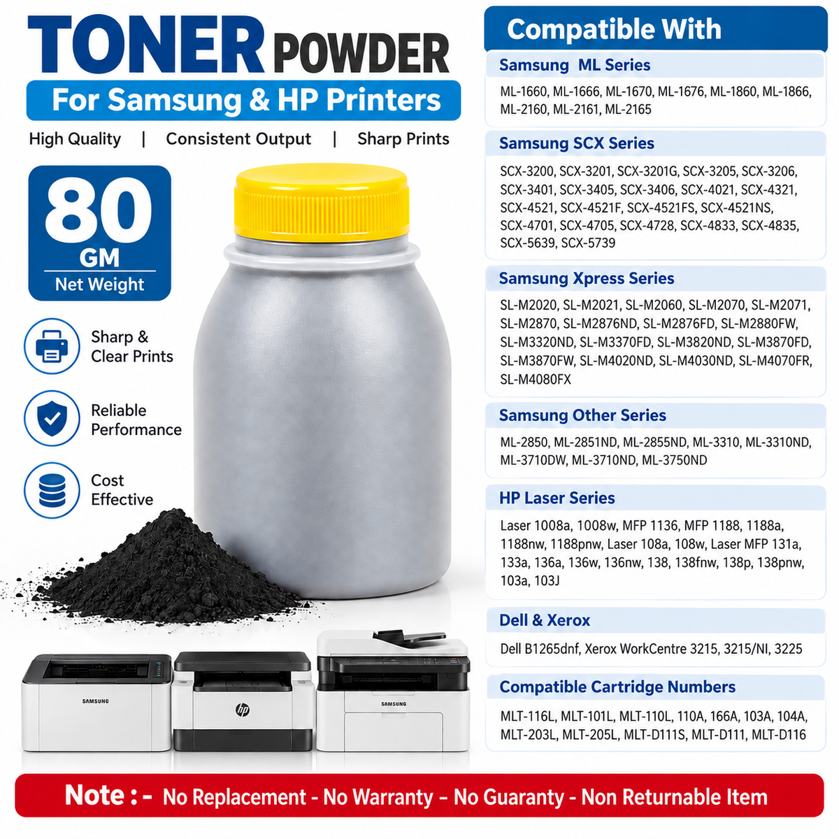 80gm Toner Powder for Samsung & HP Laser Printers – Compatible Cartridge Refill for ML, SCX, M Series & HP Laser MFP