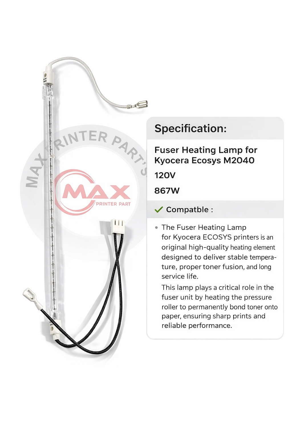Fuser Heating Lamp for Kyocera Ecosys M2040 120V 867W
