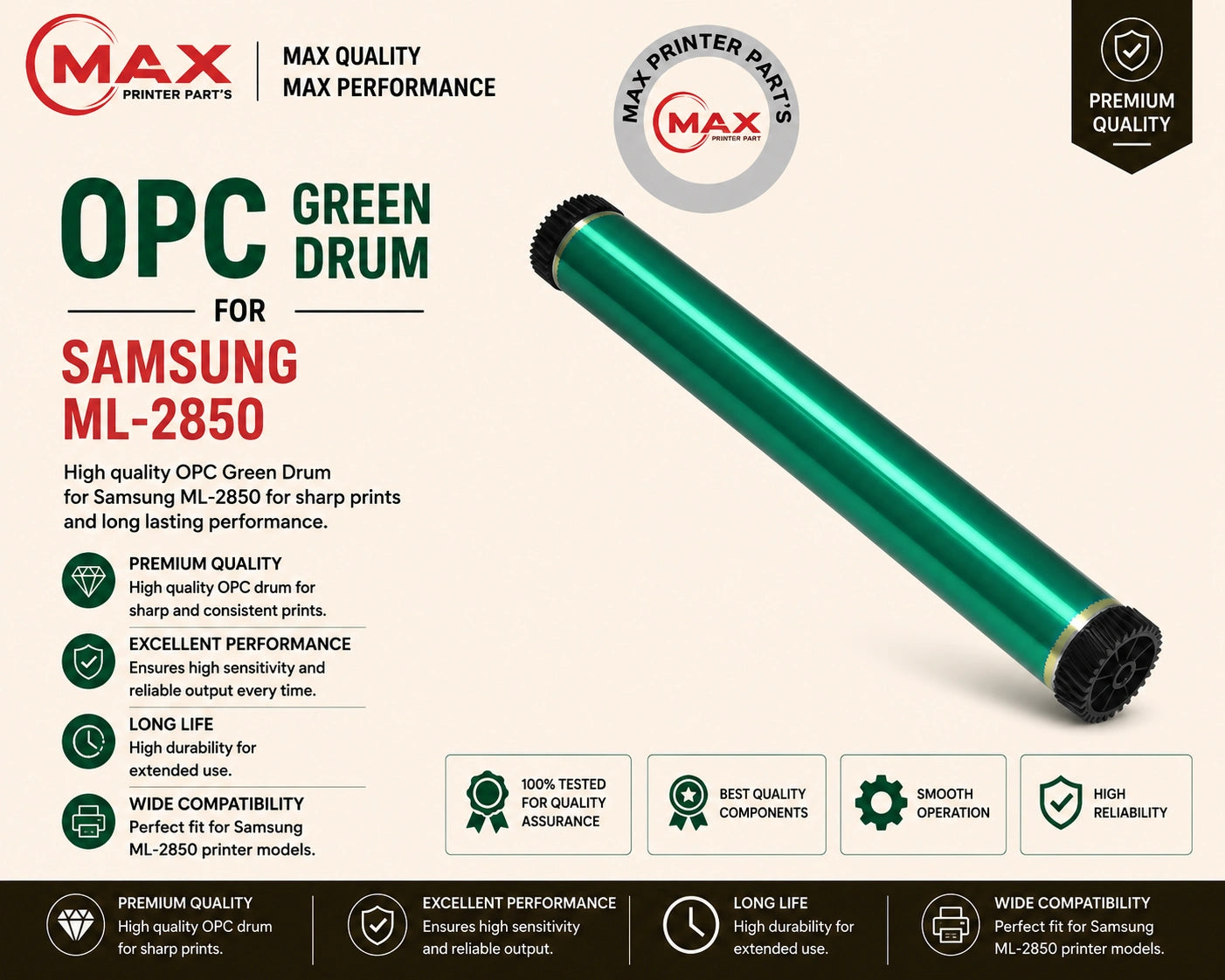 OPC Green Drum for Samsung ML-2850 / ML-1911 / MLT-209L / MLT-1053L / Xerox 3250 / 3140 / Dell-1130 / 1133 (New Import)